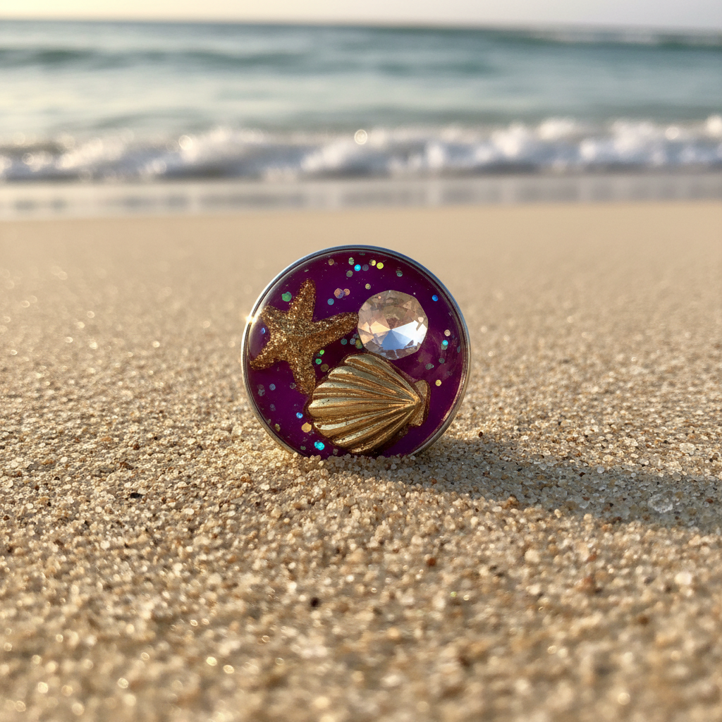 A round snap button featuring a glittery purple background with a gold starfish, a gold seashell, and a clear faceted rhinestone, set in a silver-toned metal rim.