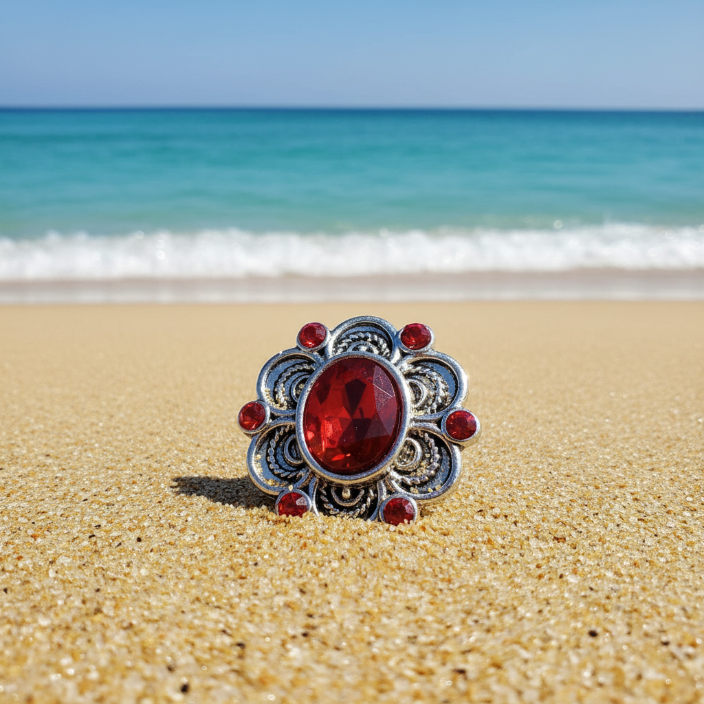 An ornate silver-toned metal snap button featuring a large oval red faceted crystal in the center, surrounded by five smaller round red crystals, set against a sparkly white background.