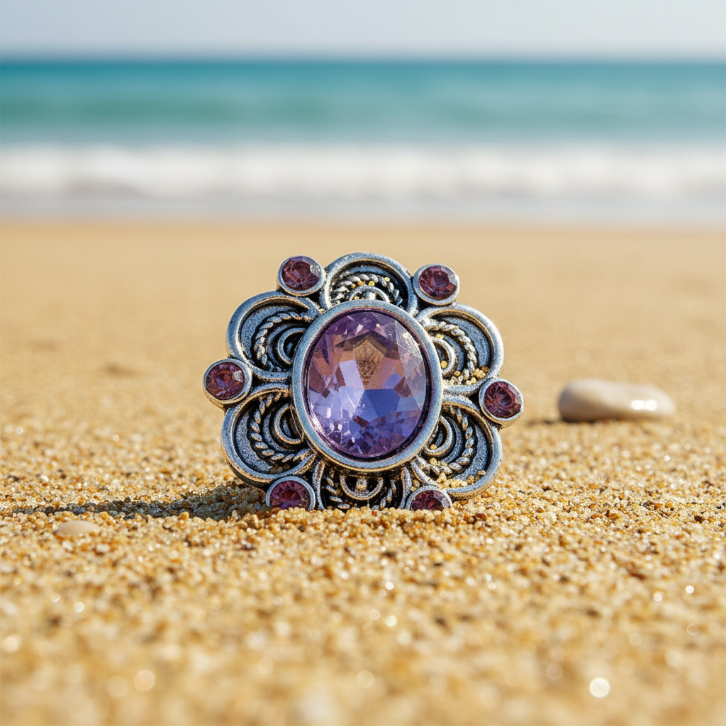 A single ornate silver-toned decorative snap button with a large oval purple center stone and smaller pinkish-purple accent stones, shown on a white textured background.