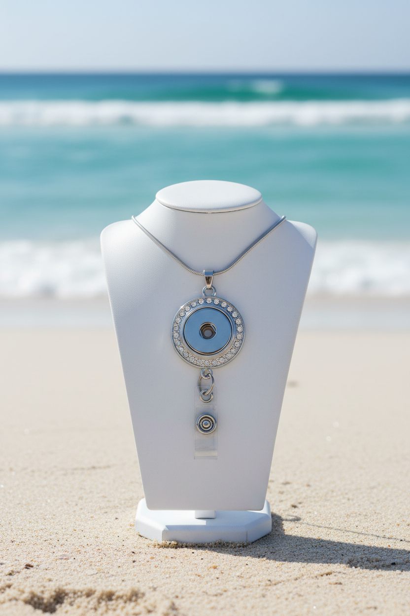 A silver-toned circular pendant necklace with a central keyhole motif, surrounded by small clear rhinestones, hanging from a silver snake chain on a white background.