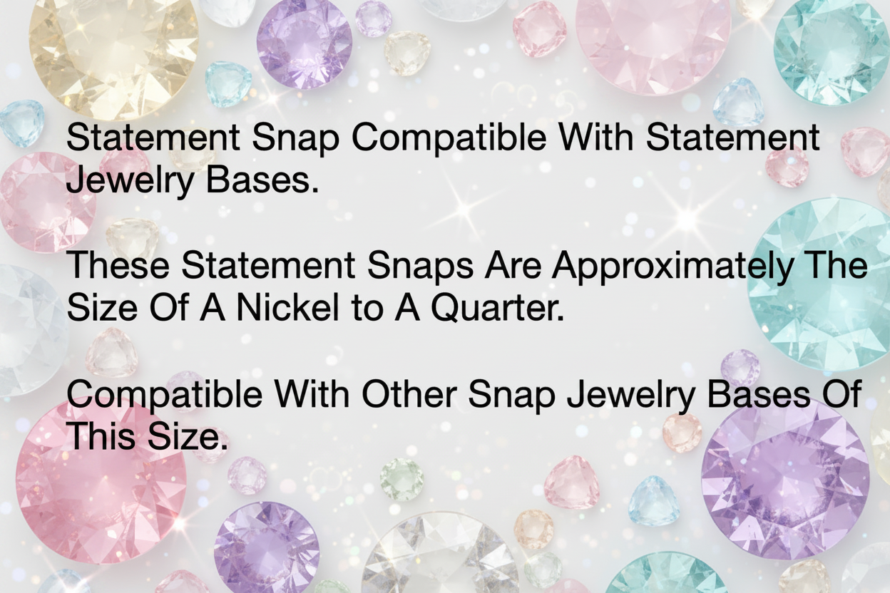 A white square graphic with black text stating: 'Statement Snap Compatible With Statement Jewelry Bases. These Statement Snaps Are Approximately The Size Of A Nickel to A Quarter.