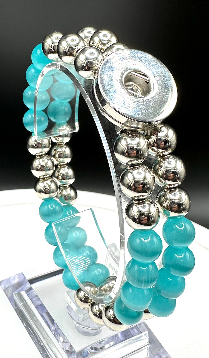 Statement Teal & Silver Cats Eye Beaded Stretch Bracelet