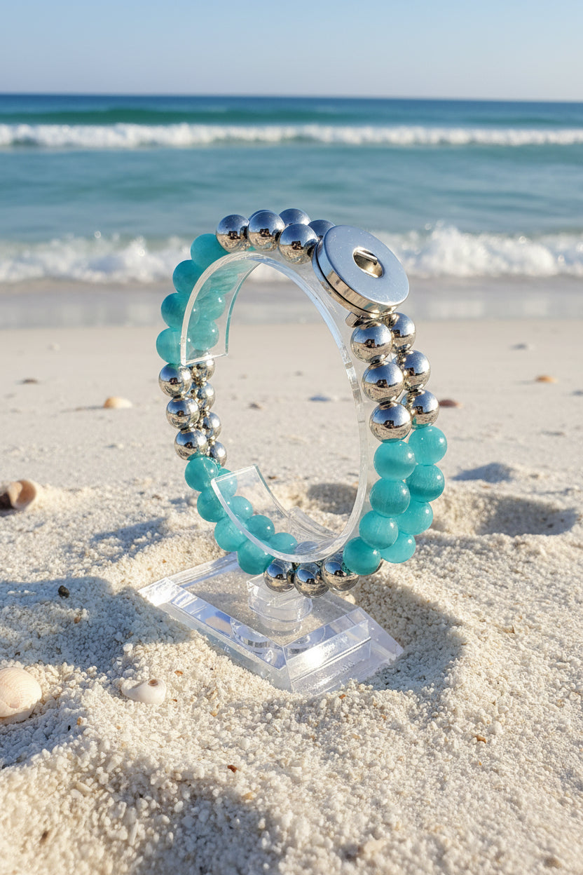 Statement Teal & Silver Cats Eye Beaded Stretch Bracelet