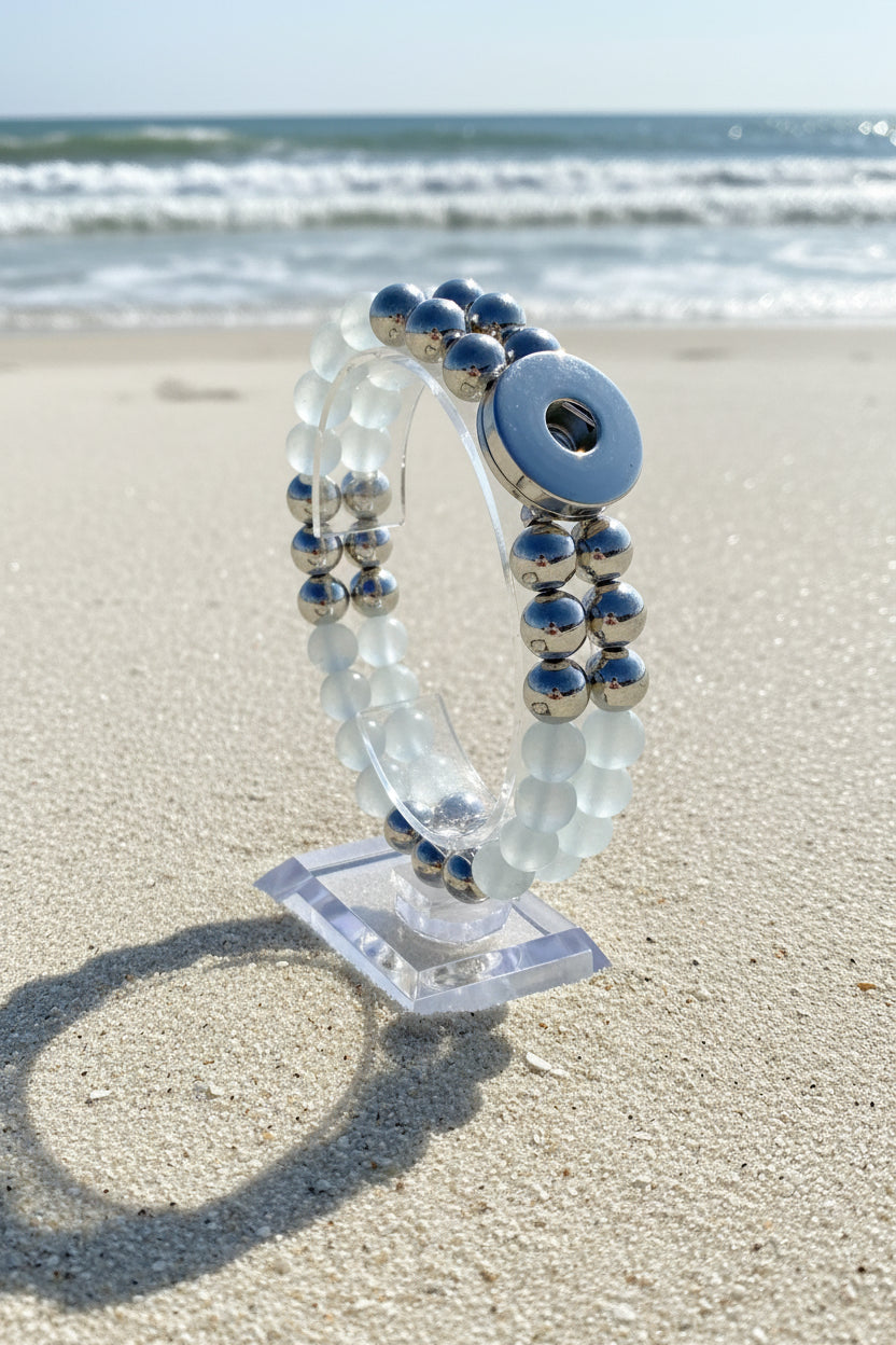 Statement White & Silver Cats Eye Beaded Stretch Bracelet