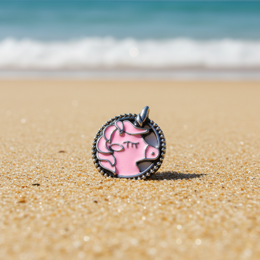 A round silver-toned snap button featuring a pink cow design with a small hanging loop at the top, photographed on a sparkly white background.