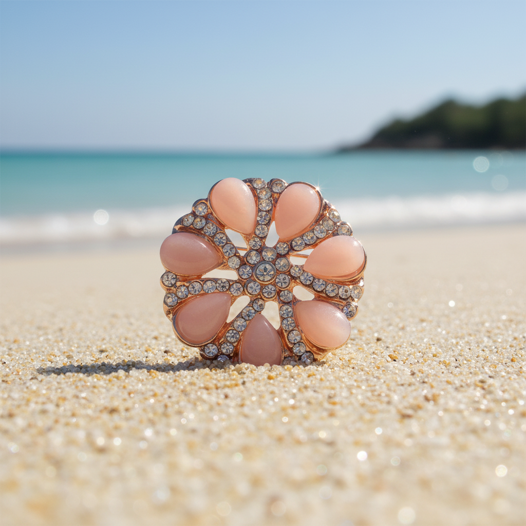 A rose gold flower-shaped snap button featuring peach-pink teardrop-shaped stones and a border of clear rhinestones