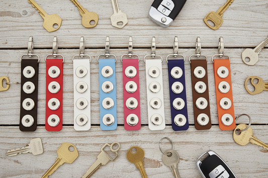 Eight lockable keychains in various colors (black, red, white, light blue, pink, white, navy, brown, orange) are lined up on a light wood background, surrounded by various keys and car key fobs.
