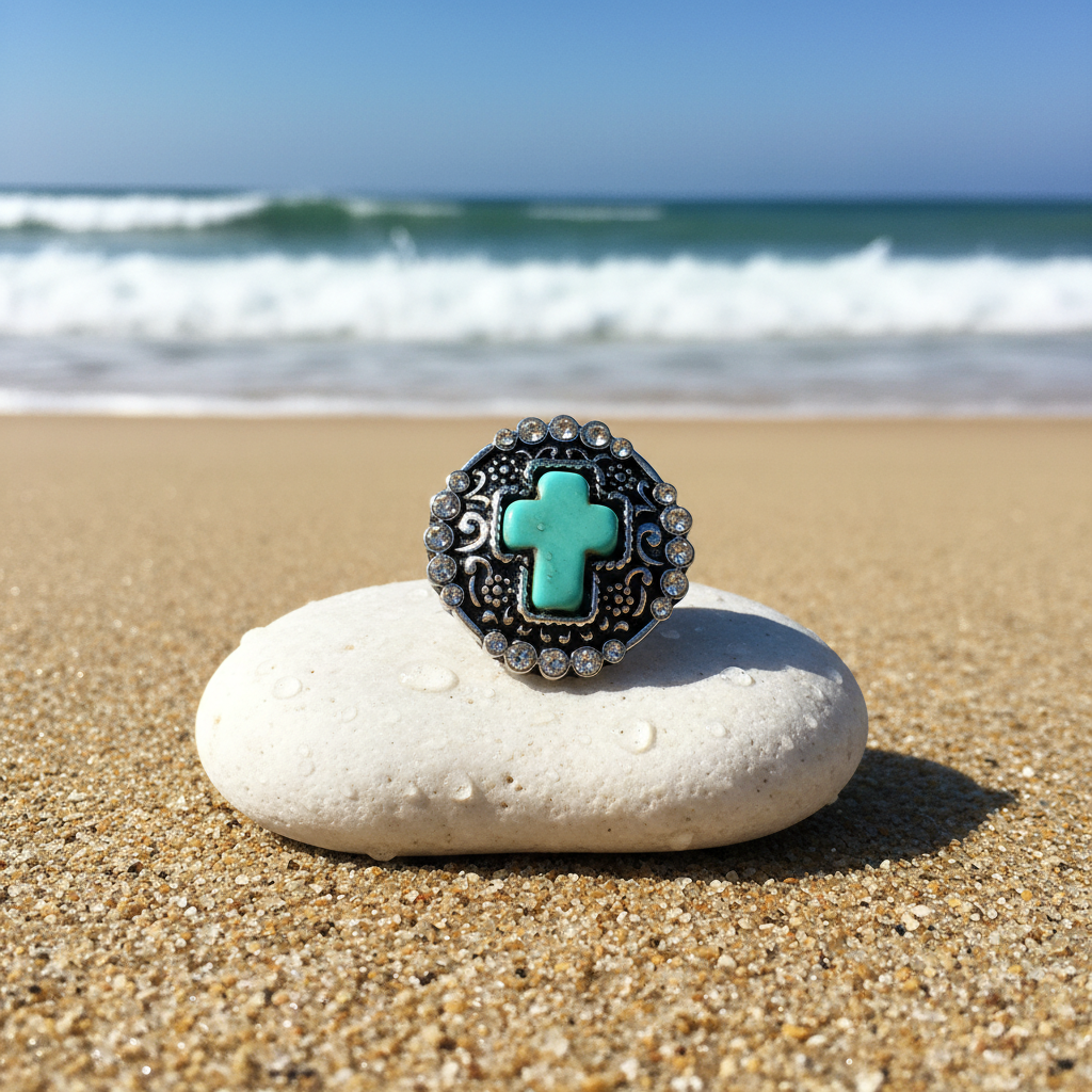 A single round silver-toned snap button featuring a turquoise-colored cross in the center, surrounded by a black filigree border and small clear rhinestone accents, set against a sparkly white background.