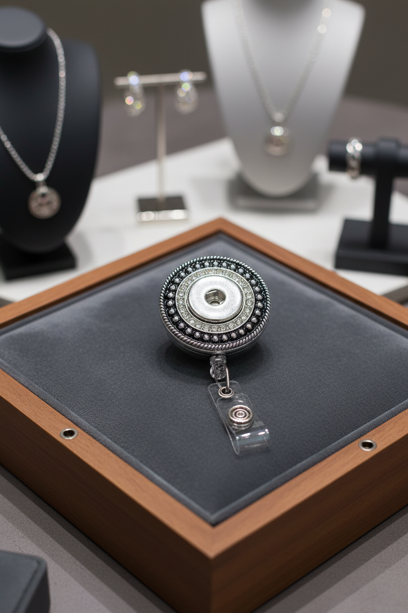 A silver-toned retractable badge reel with a circular design, featuring a black and silver beaded outer ring, a clear crystal-embellished center ring, and a clear plastic clip with a silver swivel connector.