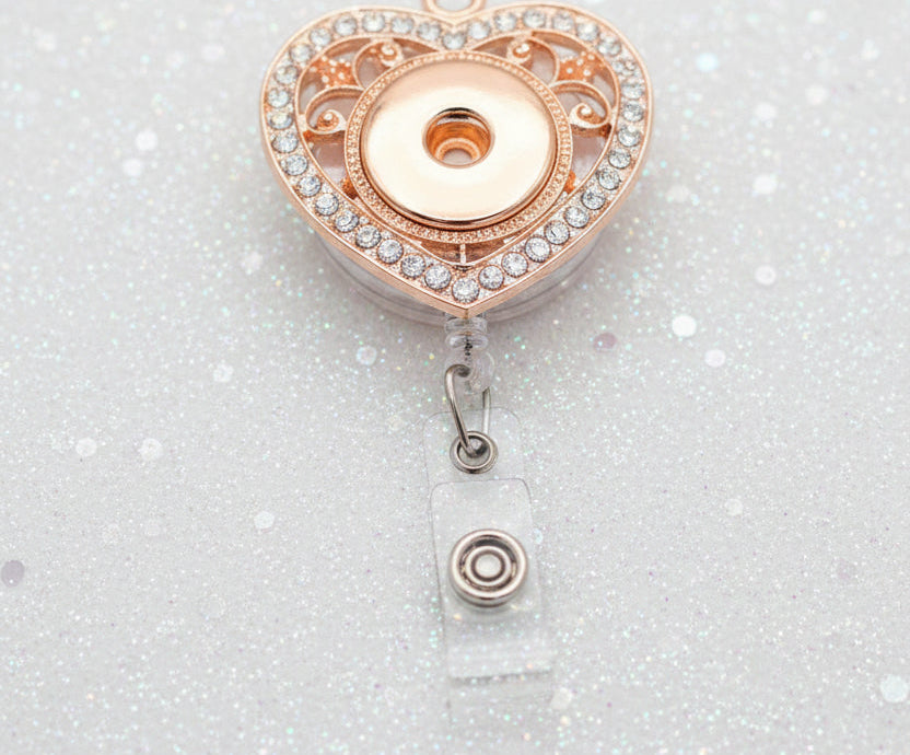 Statement Rose Gold Crystal Embellished Vintage Heart Badge Reel clip
