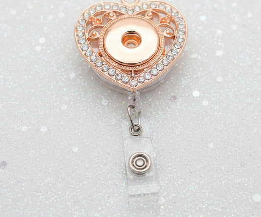 Statement Rose Gold Crystal Embellished Vintage Heart Badge Reel clip