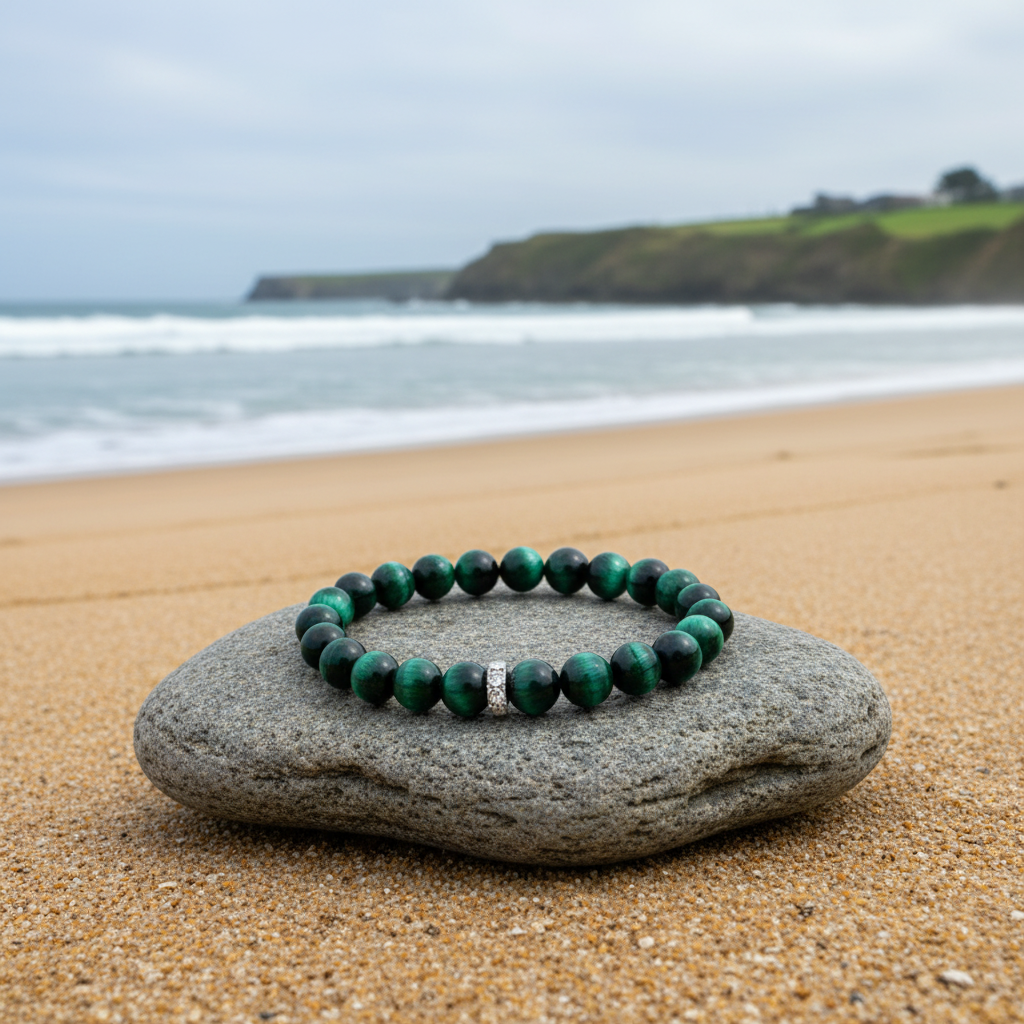 Green tiger eye stretch bracelet on display at the beach