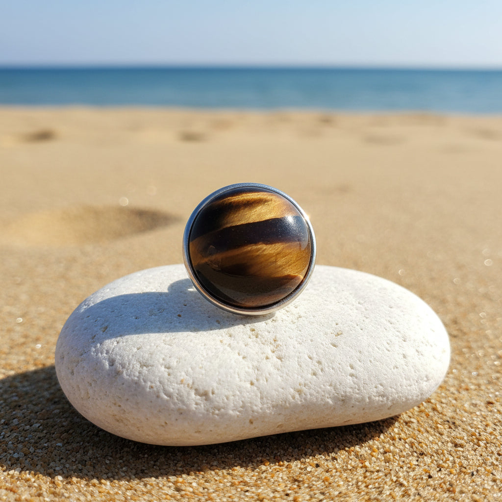 A round snap button gemstone with tiger's eye bands in brown and black, set in a polished silver bezel, on a beach