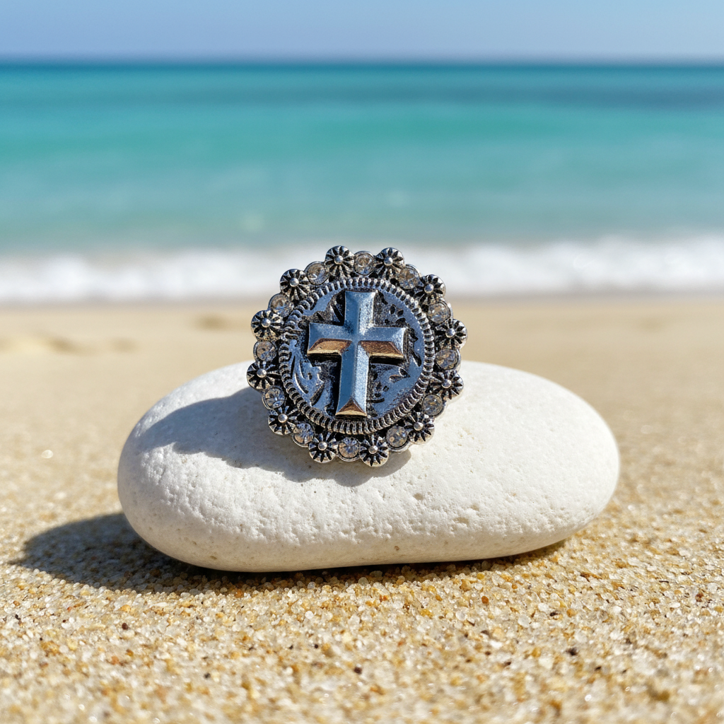 A round silver-toned snap button featuring a raised Christian cross in the center, surrounded by a border of small floral motifs and clear stones
