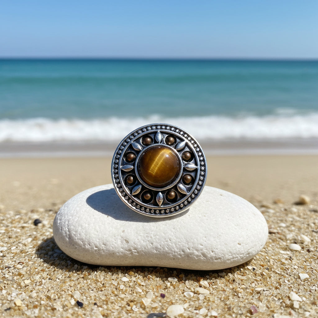 A round silver-toned snap button featuring a central brown tiger's eye cabochon surrounded by small metallic dots and leaf-like details