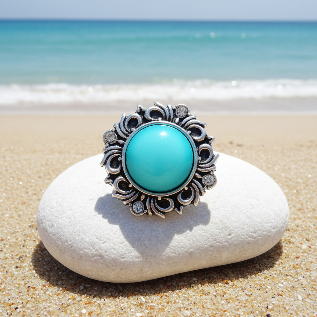 A silver-toned ornate snap button featuring a large round turquoise-blue cabochon stone, accented with small clear crystals