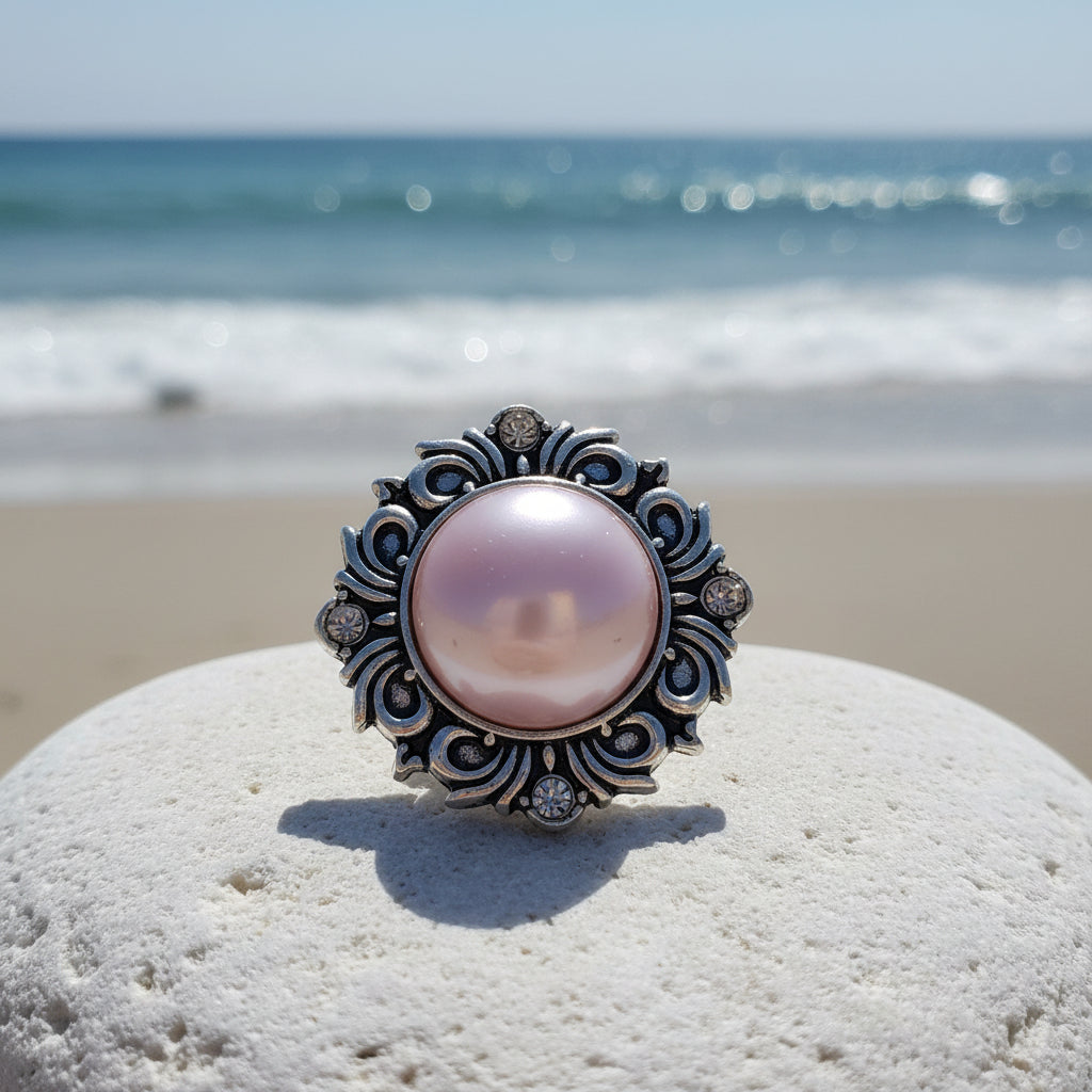 A single ornate snap button featuring a round pale pink pearl surrounded by an intricate silver filigree setting with small clear stones