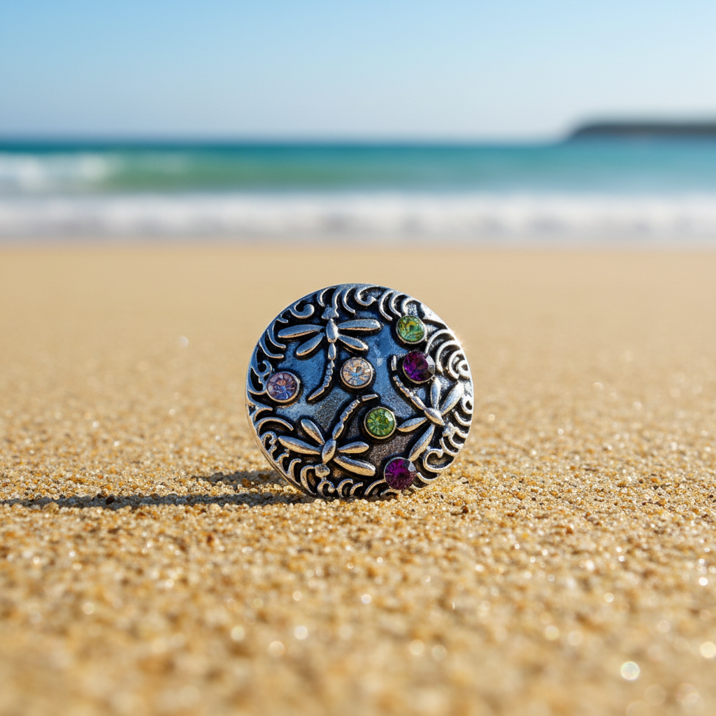 A round silver-toned button or decorative cabochon featuring engraved dragonfly and floral motifs, accented with small green and purple rhinestones, on a beach.