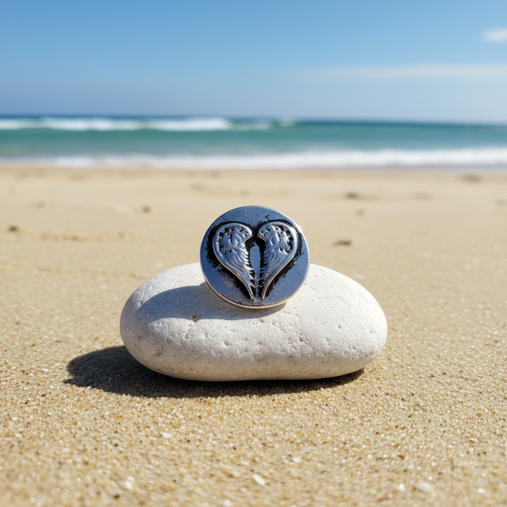 A round silver-toned button featuring a split heart design with 2 wings