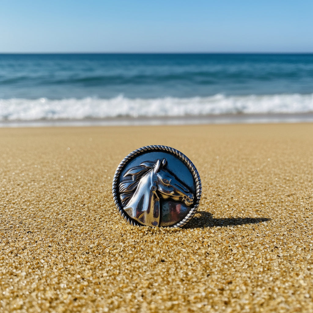A round silver-toned metal snap button featuring an embossed horse head profile and a decorative rope-style border, shown on a beach