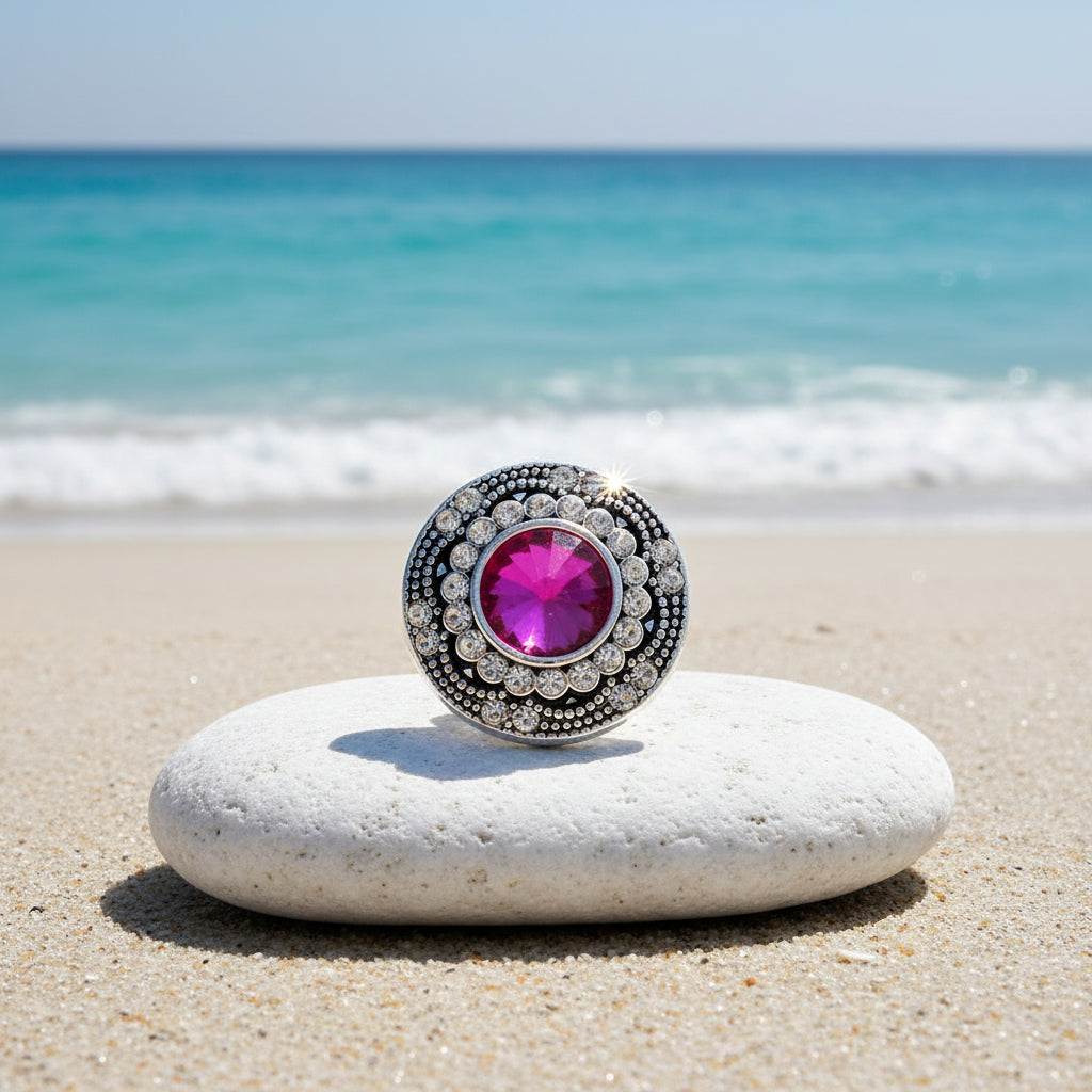 A silver-toned round snap featuring a central round magenta pink gemstone surrounded by a halo of small clear stones, set against a sparkling white background.