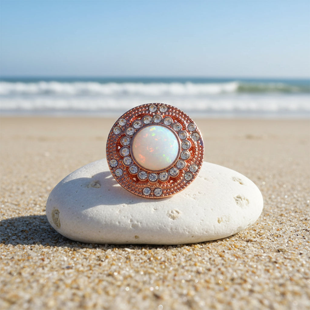 A round rose gold snap button with a central milky white stone and a halo of clear crystals, displayed on a sparkling beach