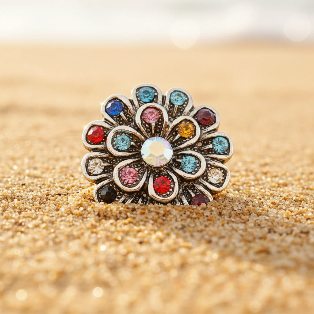 A silver-tone flower-shaped snap button adorned with multiple colorful round rhinestones in shades of blue, pink, red, yellow, black, and white