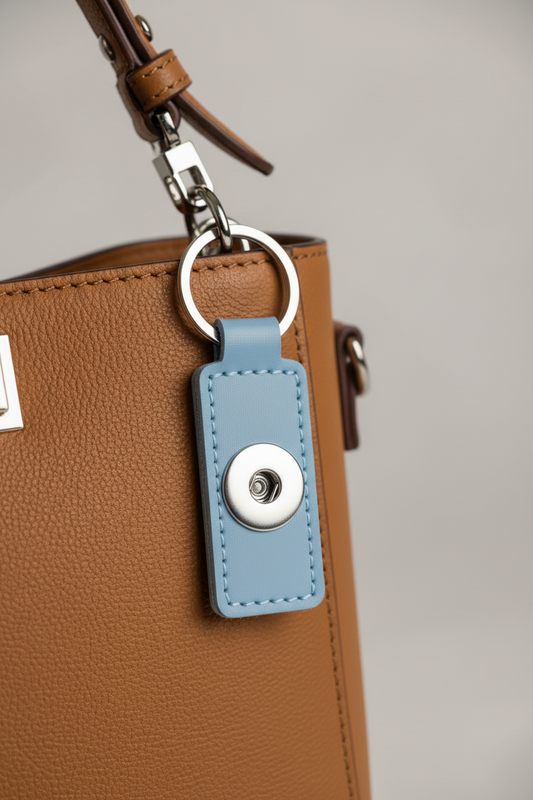 A light blue leather keychain with a silver metal key ring and a circular snap button closure, shown on a purse.