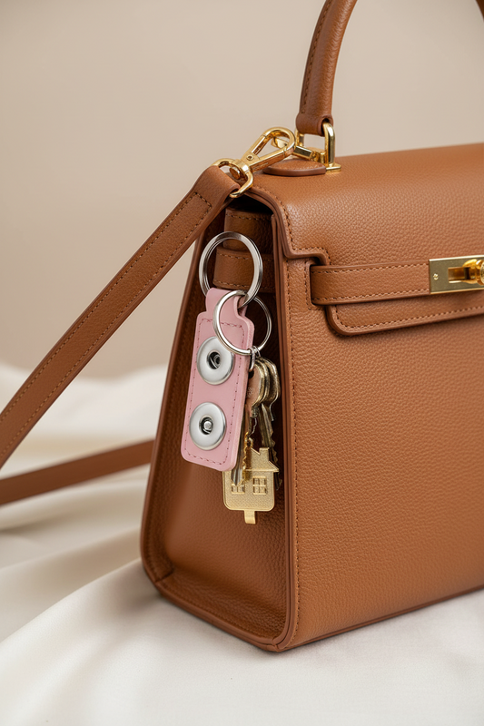 A pink faux-leather keychain holder with two silver snap buttons and a silver metal key ring.