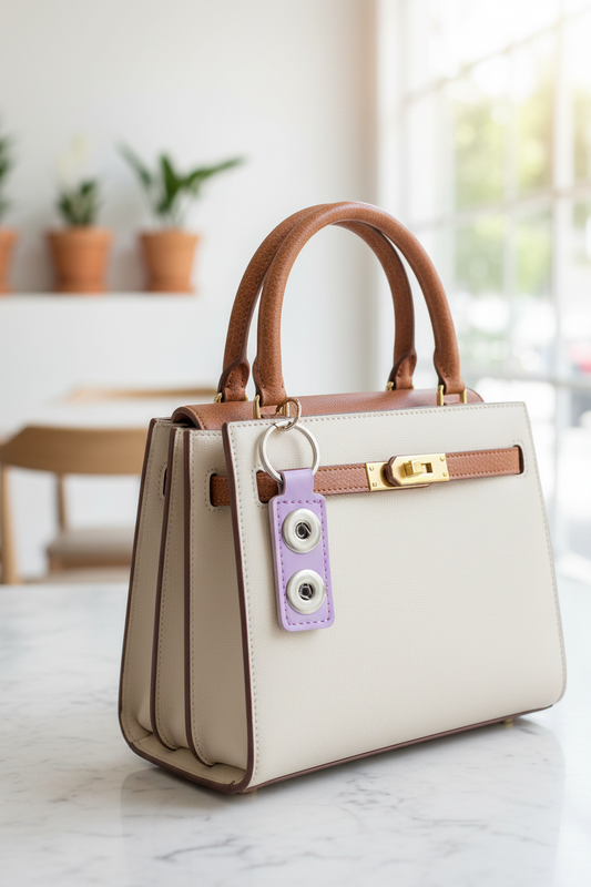 A light purple faux leather keychain with two silver snap buttons and a silver split key ring