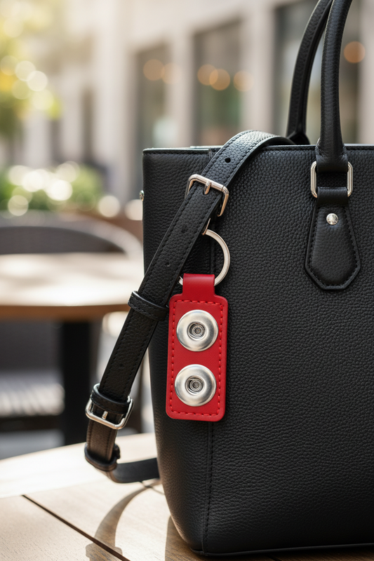 A red leather keychain with a silver metal split ring and two circular snap button inserts.