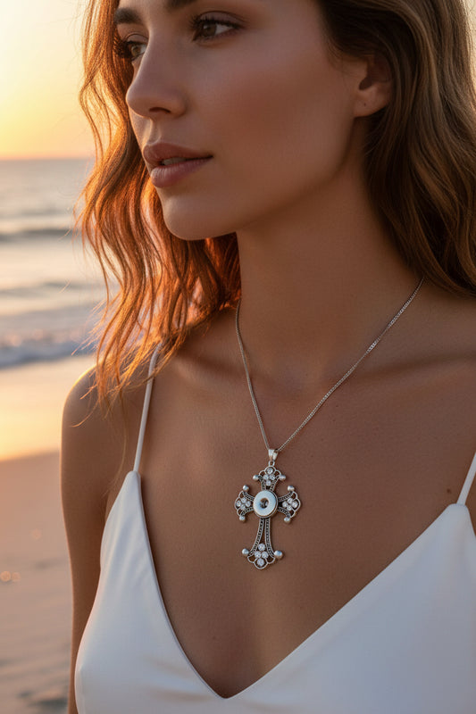 Petite Silver Tone Crystal Cross Necklace