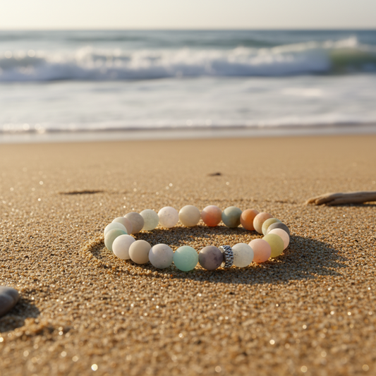 Beaded bracelet with multicolored beads on a ssandy beach