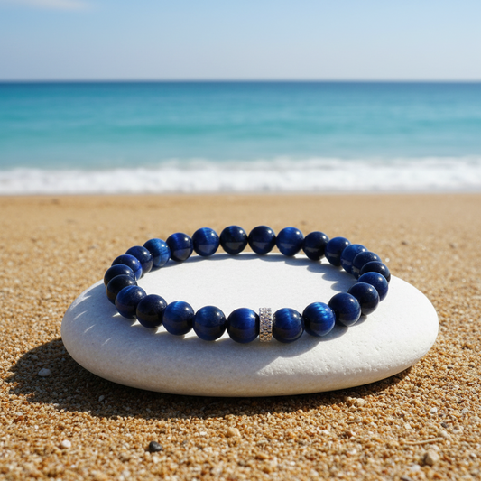 A beaded stretch bracelet made of deep blue round beads with a small silver-toned accent, displayed on a smooth white stone on a sandy beach with the ocean in the background.