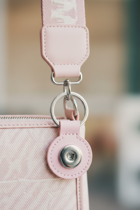 A pink faux leather keychain holder with a silver metal snap button and key ring, shown on a purse as a bag decoration.