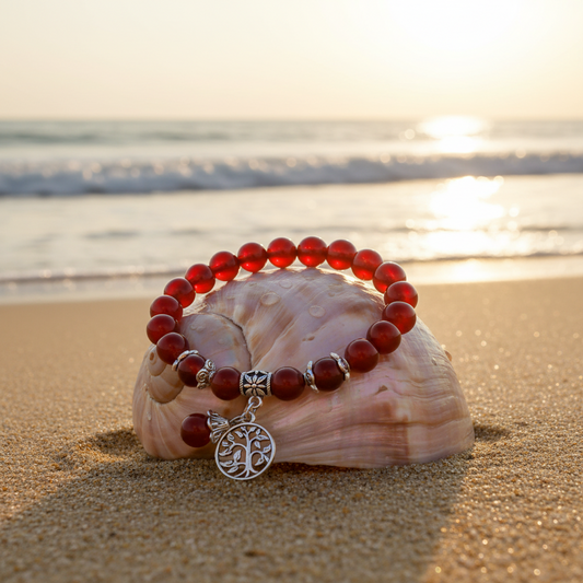 Red Agate bracelet displayed on a shell at the beach.