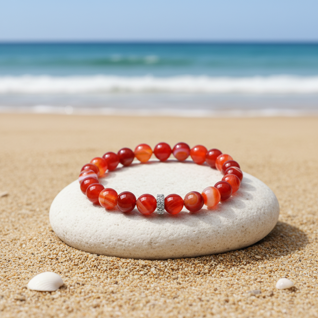 A beaded stretch bracelet made of glossy red and orange marbled beads with a small silver-toned stone accent, displayed on a smooth white stone on a sandy beach with the ocean in the background.