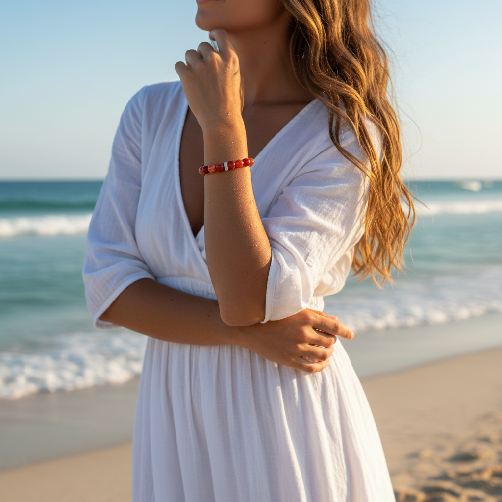 A woman on a beach wearing a white dress and a red beaded bracelet, with ocean waves and sand in the background.