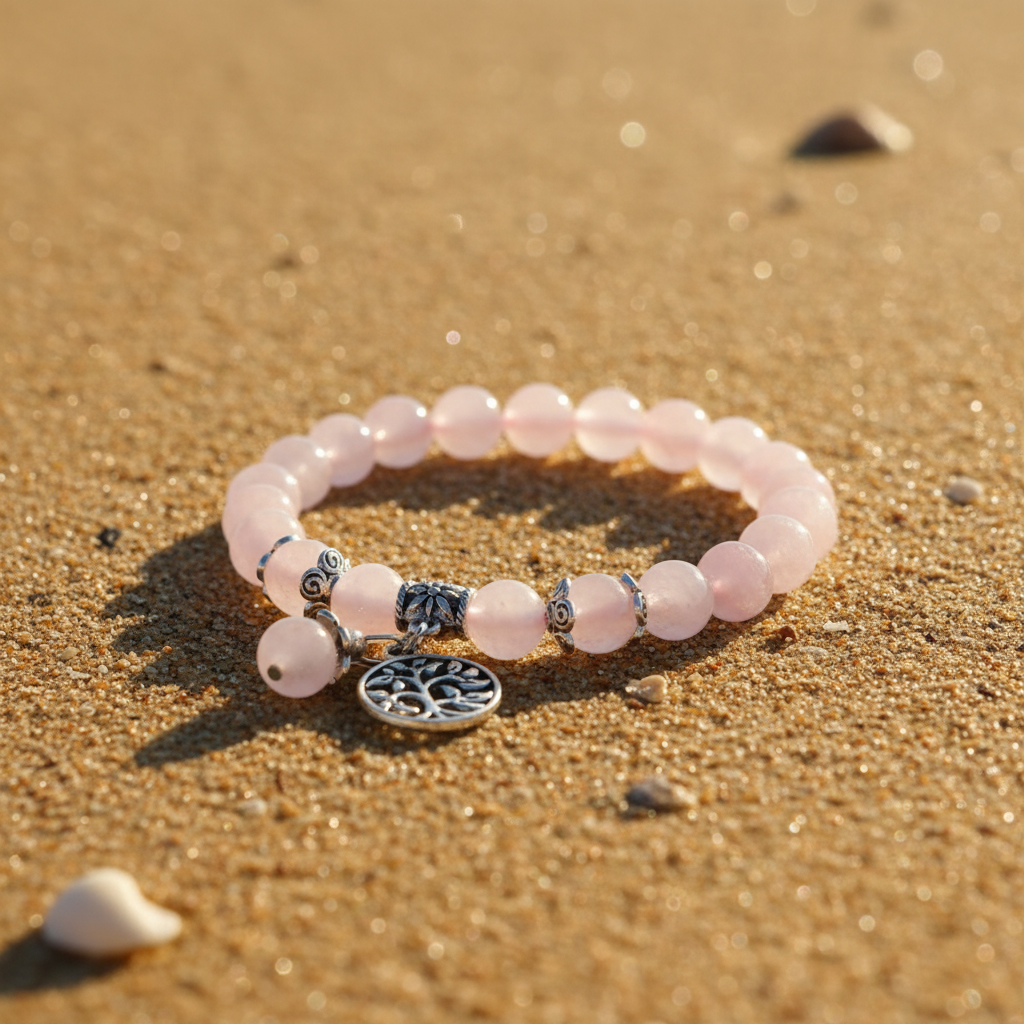 A pink beaded bracelet with silver-toned charms, displayed on a white stand set on a sandy beach with the ocean waves in the background.