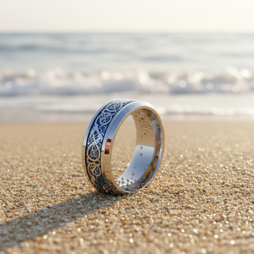 Silver Swirl W/Blue Base Stainless Steel Ring