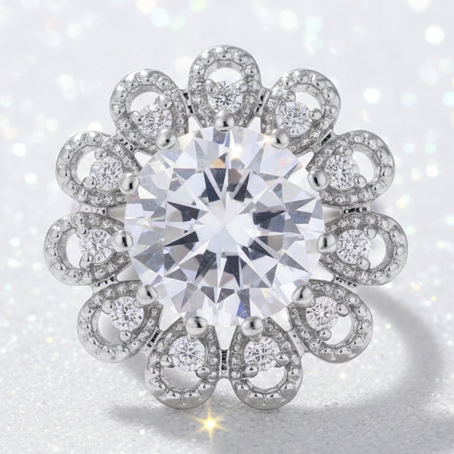 A silver-toned flower-shaped snap button featuring a large round brilliant-cut clear center stone surrounded by multiple smaller clear stones in openwork circular and oval settings, shown on a plain white background.