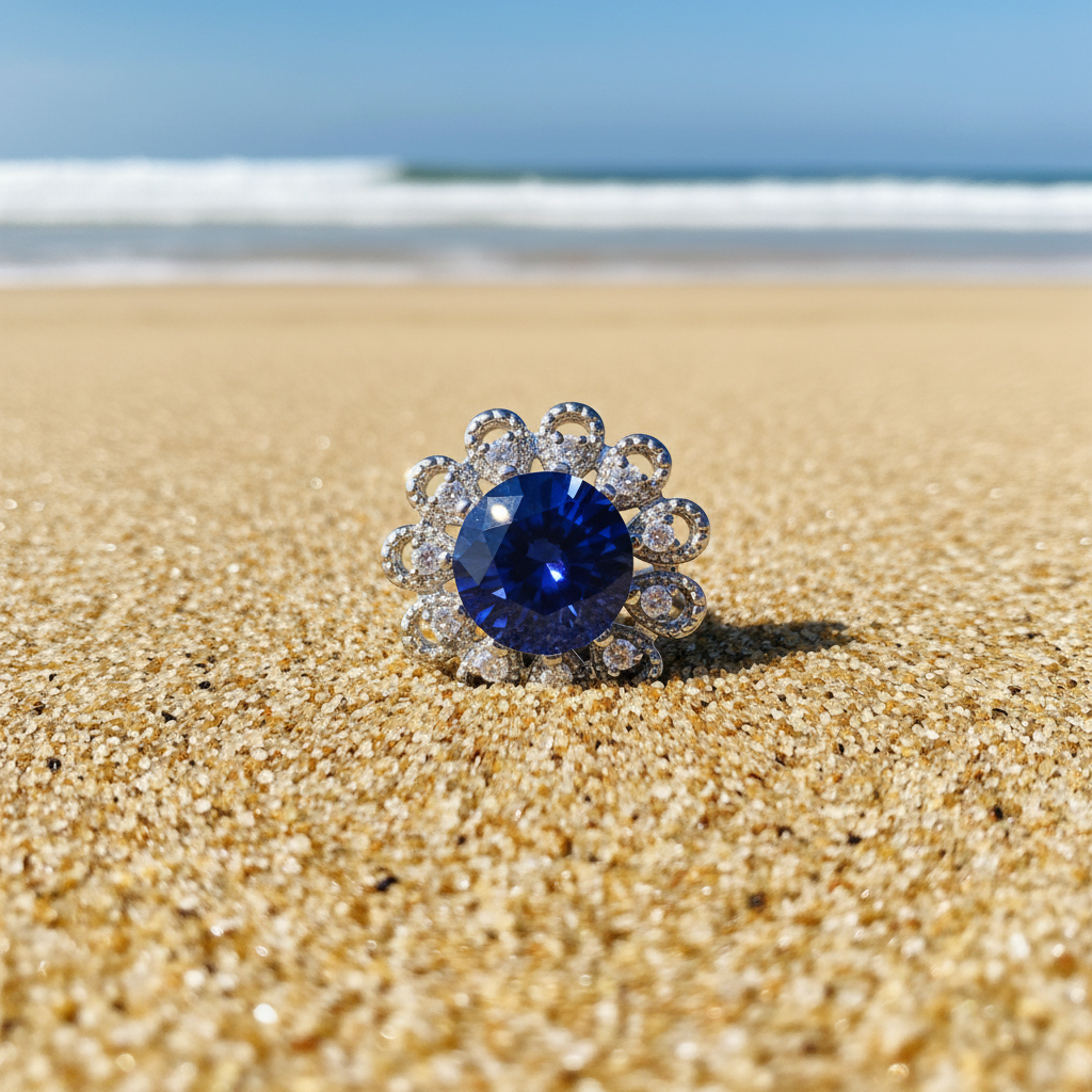 A floral-style snap button featuring a large round deep blue center stone surrounded by a halo of small clear stones in a silver-toned setting, photographed on a sparkly white background.