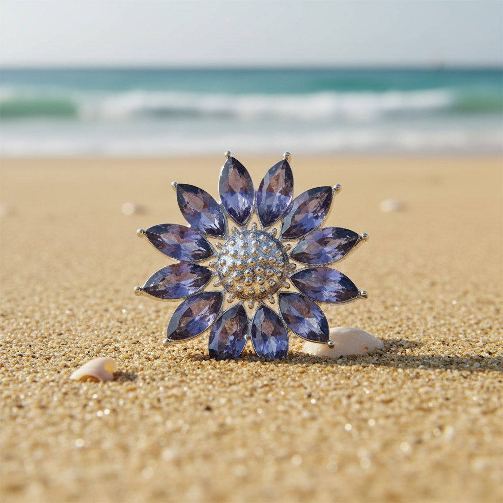 A silver-toned flower-shaped snap button with marquise-cut dark blue gemstones in the petals and a sparkling clear stone center, displayed on a glittery white background.