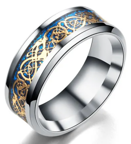 Gold Swirl W/Blue Base Stainless Steel Ring