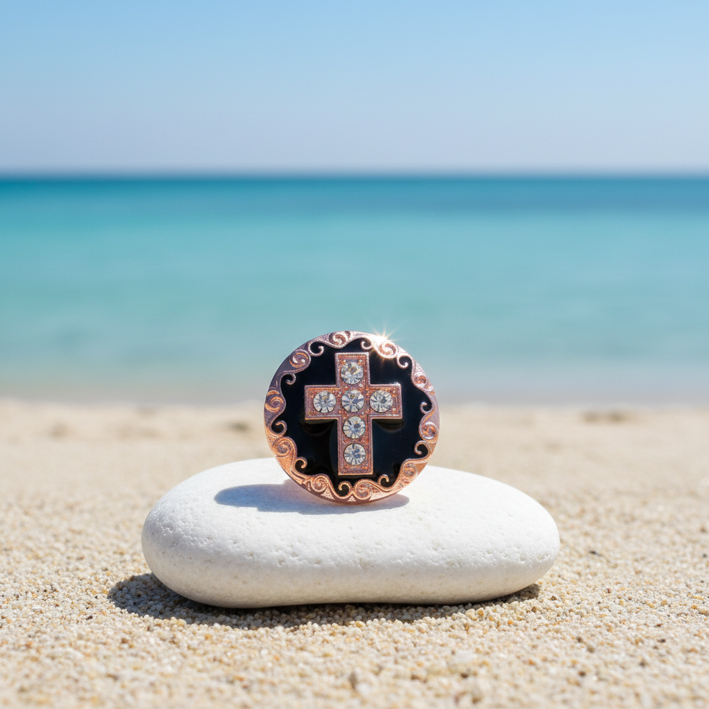 A round decorative snap button featuring a black enamel background, a central rose gold cross embellished with clear rhinestones, and ornate scrollwork around the border