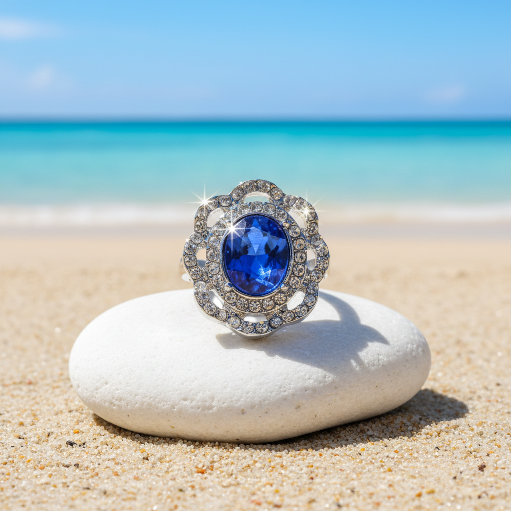 A silver-tone snap button featuring a large oval-cut deep blue gemstone surrounded by a double halo of small clear stones