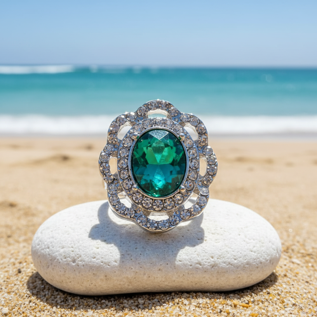 A silver-tone snap button featuring a large oval-cut emerald-cut green gemstone surrounded by a double halo of small clear crystals
