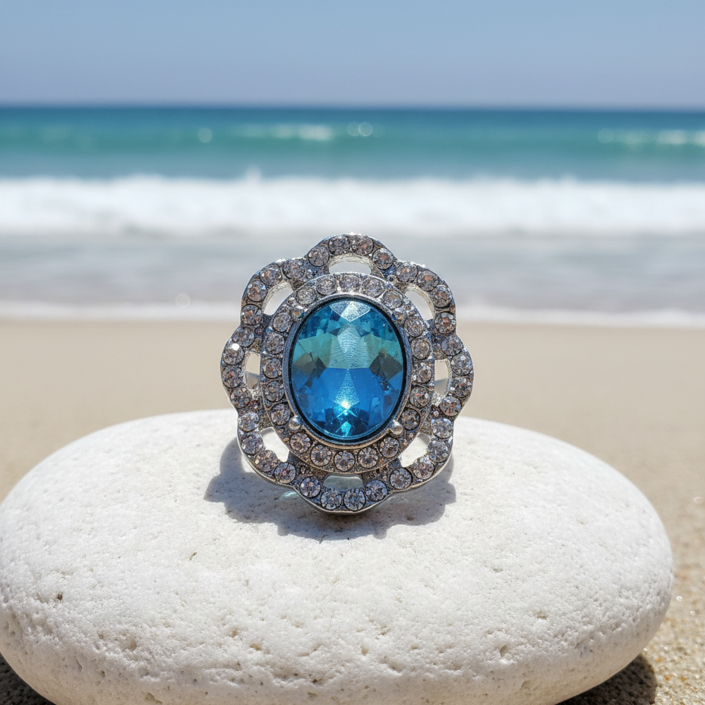 A silver-tone snap button featuring a large oval-cut light blue gemstone surrounded by a double halo of small clear stones, set against a plain white background with a soft reflection below.