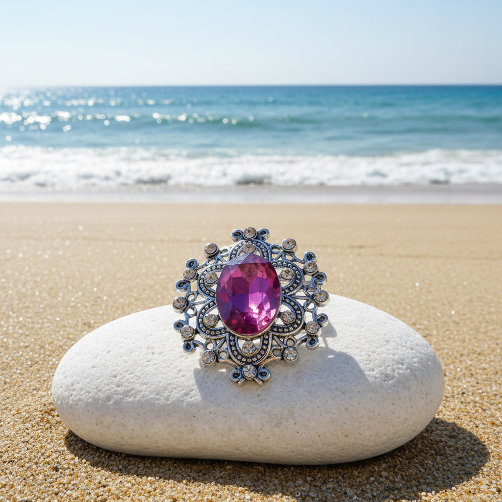 An ornate silver-toned filigree snap button featuring a central oval-cut deep pinkish-red gemstone and small clear rhinestones, set on a beach.