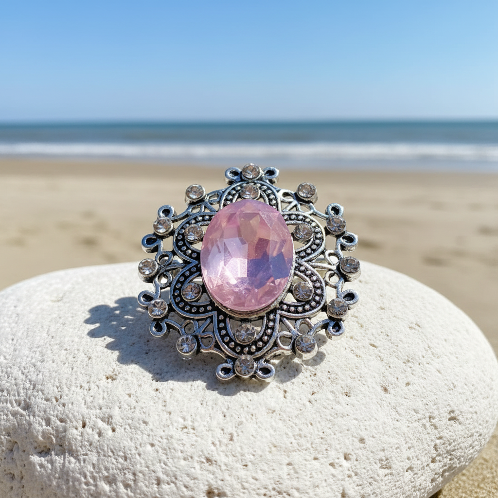 A vintage-style silver filigree snap button featuring an oval pink faceted gemstone in the center, surrounded by small clear rhinestones on a beach